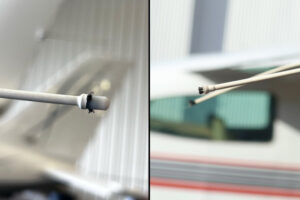Comparison of a worn wick with eroded, blunted fibers next to a healthy aircraft static wick fiber bundle